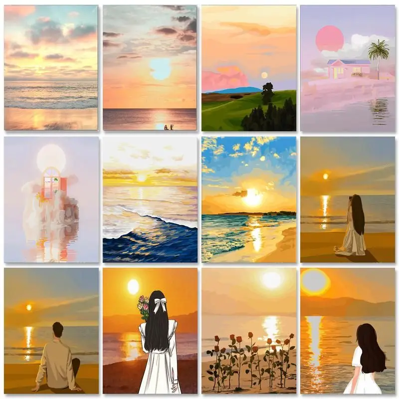 

RUOPOTY Frame Diy Painting By Numbers Kits Illustration Sunset Seaside Coloring By Numbers Handicrafts For Personalized Gift Kil