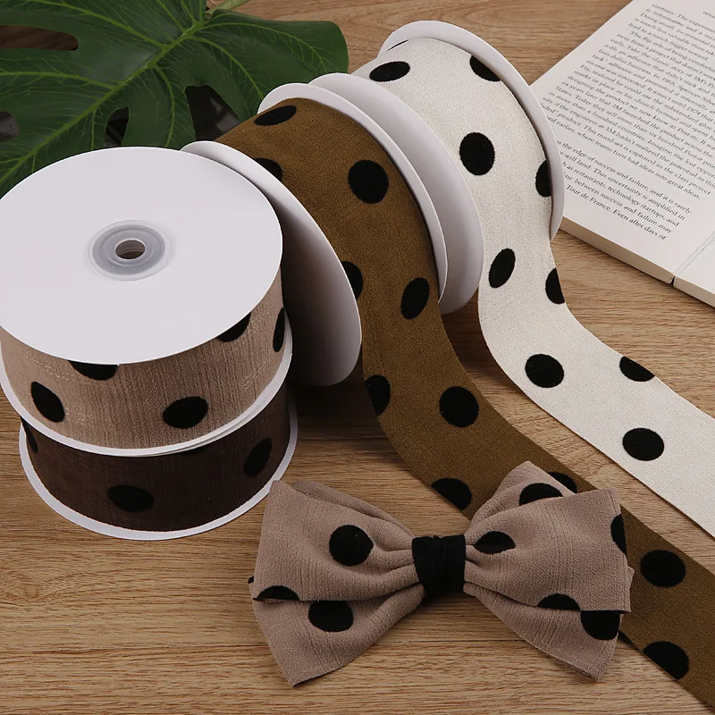 10 Yards 50MM Polka Dots Flocking Tape Black White Ribbon Hair Bows DIY Crafts Handmade Accessories Sewing Supplies