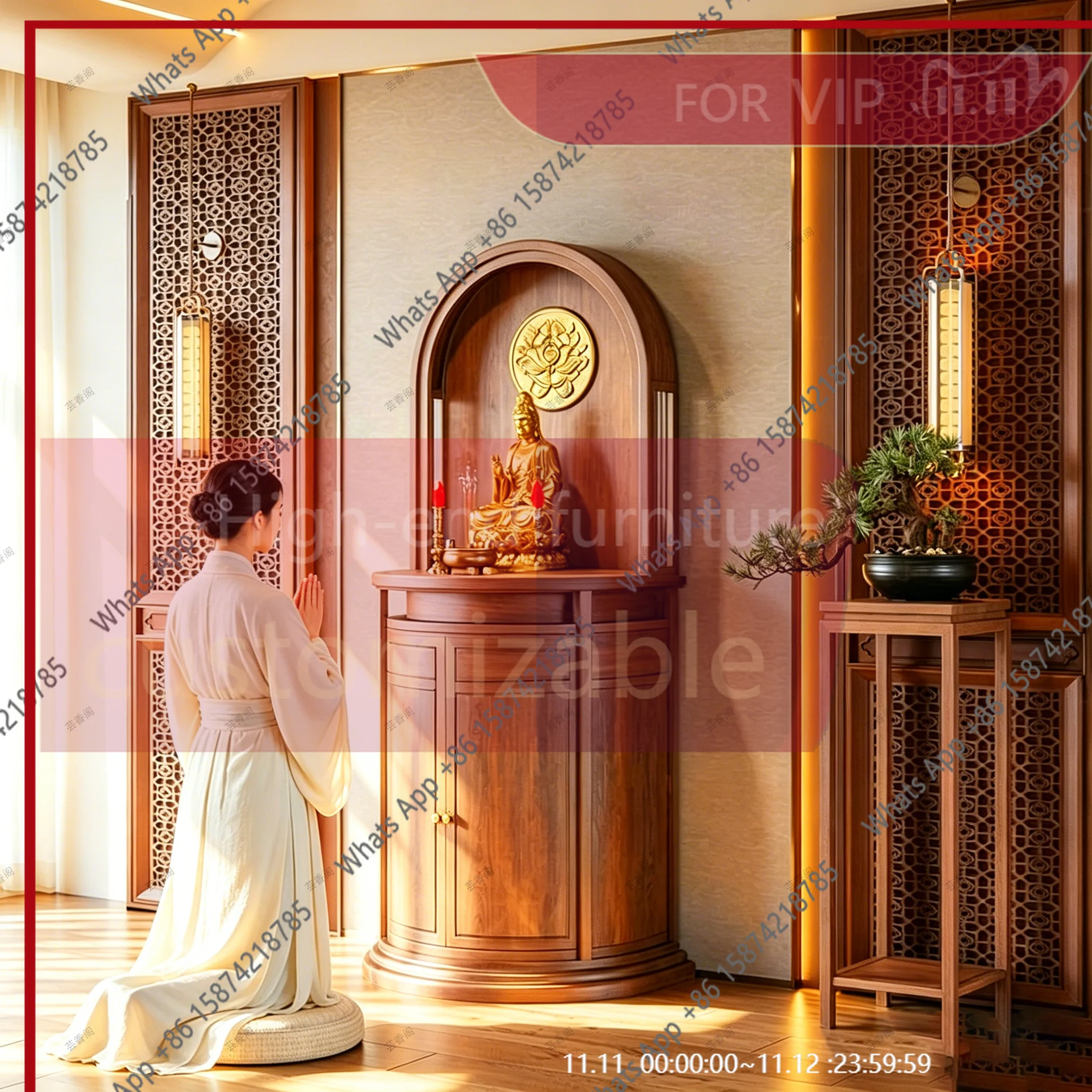 

ES New Chinese curved casket North American black walnut God of Wealth cabinet solid wood offering table living room home