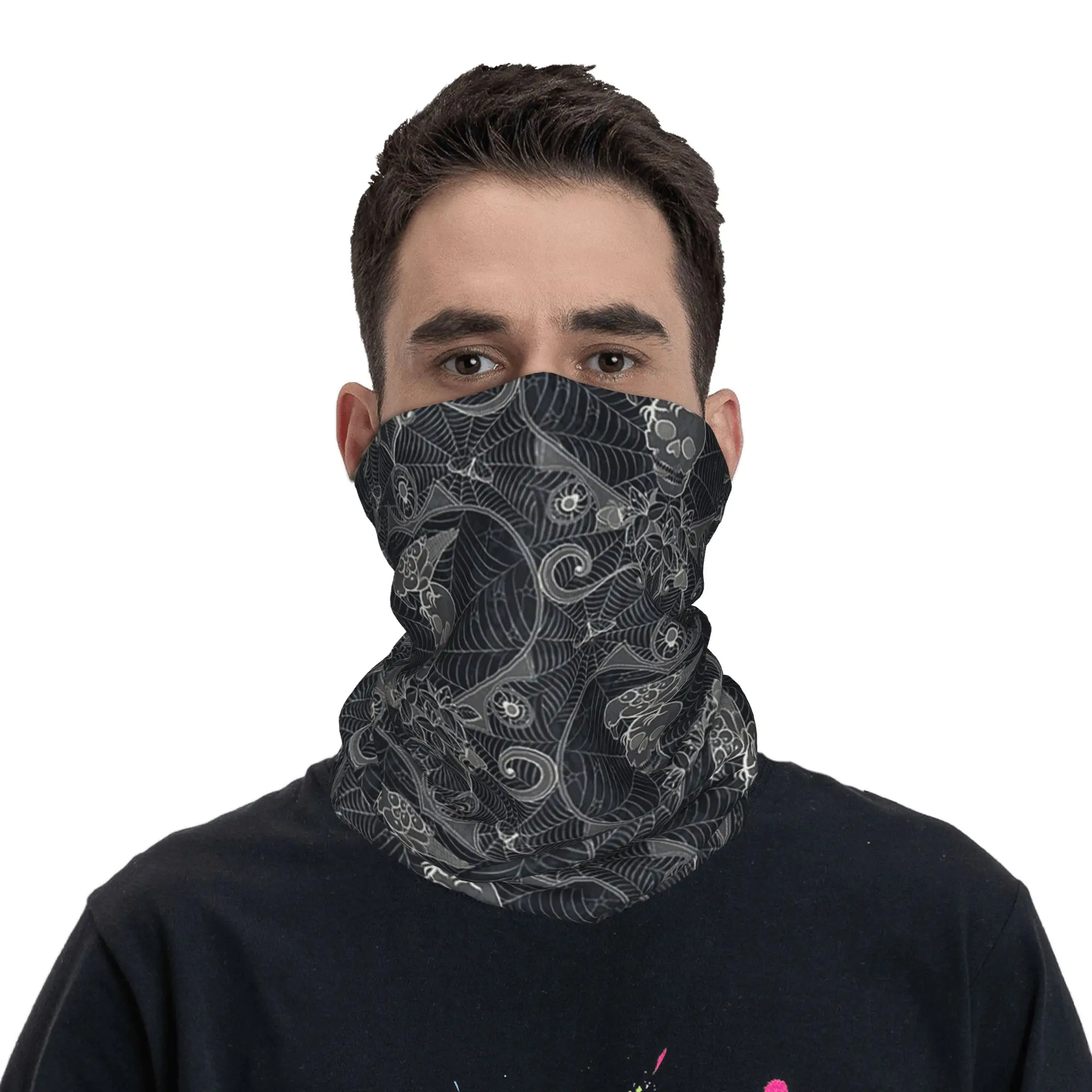 Gothic Halloween Lace Skulls Black Bandana Neck Gaiter Printed Wrap Scarf Headband Outdoor Sports for Men Women Adult Winter