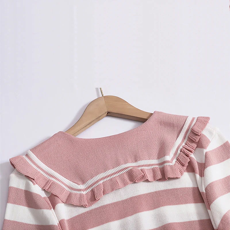 Women Summer Sweet Sailor Collar Tops Stripes Thin Short Sleeved Pullover Elastic Loose Casual T-shirt Spring Chic Knit Shirt