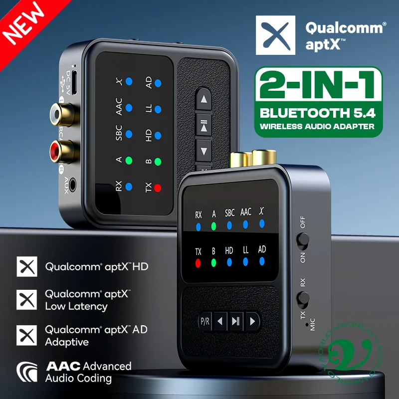 VAORLO 2in1 aptX 블루투스 5.4 오디오 수신기 송신기 3.5MM AUX RCA aptX-적응형 AD/HD/LL AAC 멀티포인트 HiFi 무선 어댑터 (마이크 포함) 차량용 PC TV 헤드폰 스피커