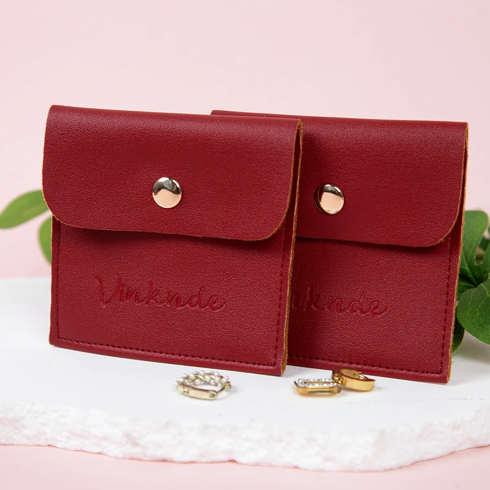 Bolsa de joyería con logotipo personalizado, bolsa de regalo con botones de cuero PU rojo, bolsas de joyería con cierre a presión, perfecta para anillos, collares y dijes
