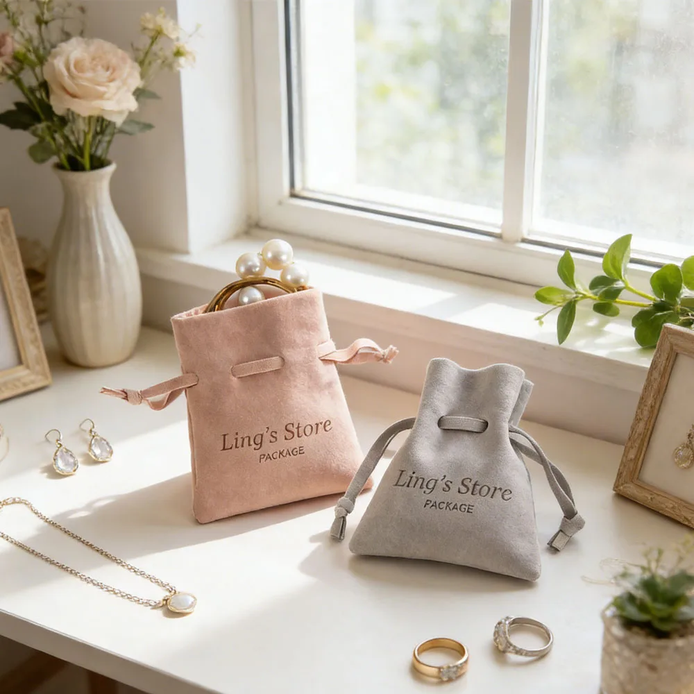 

50Pcs Personalized Custom Logo Microfiber Drawstring Storage Bag Mini Compact Candy Gift Pouch Earrings Rings Bracelet Packaging