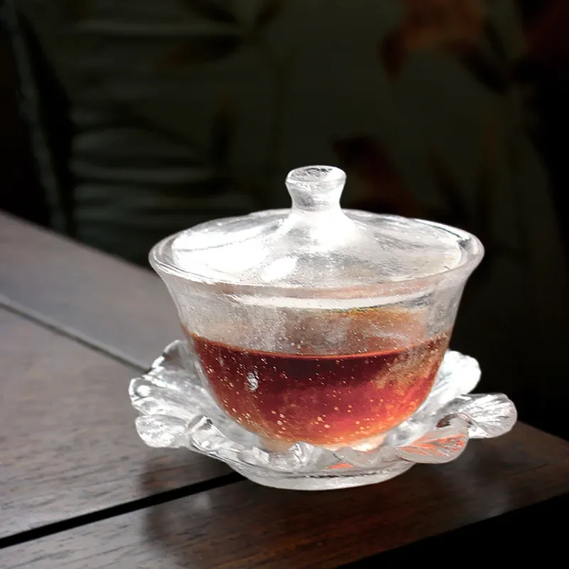 Wholesale Frosted Glass Cup With Lotus Lid Elegant Tea Bowl Set Durable Drinkware For Home Office Use Bulk Order Available
