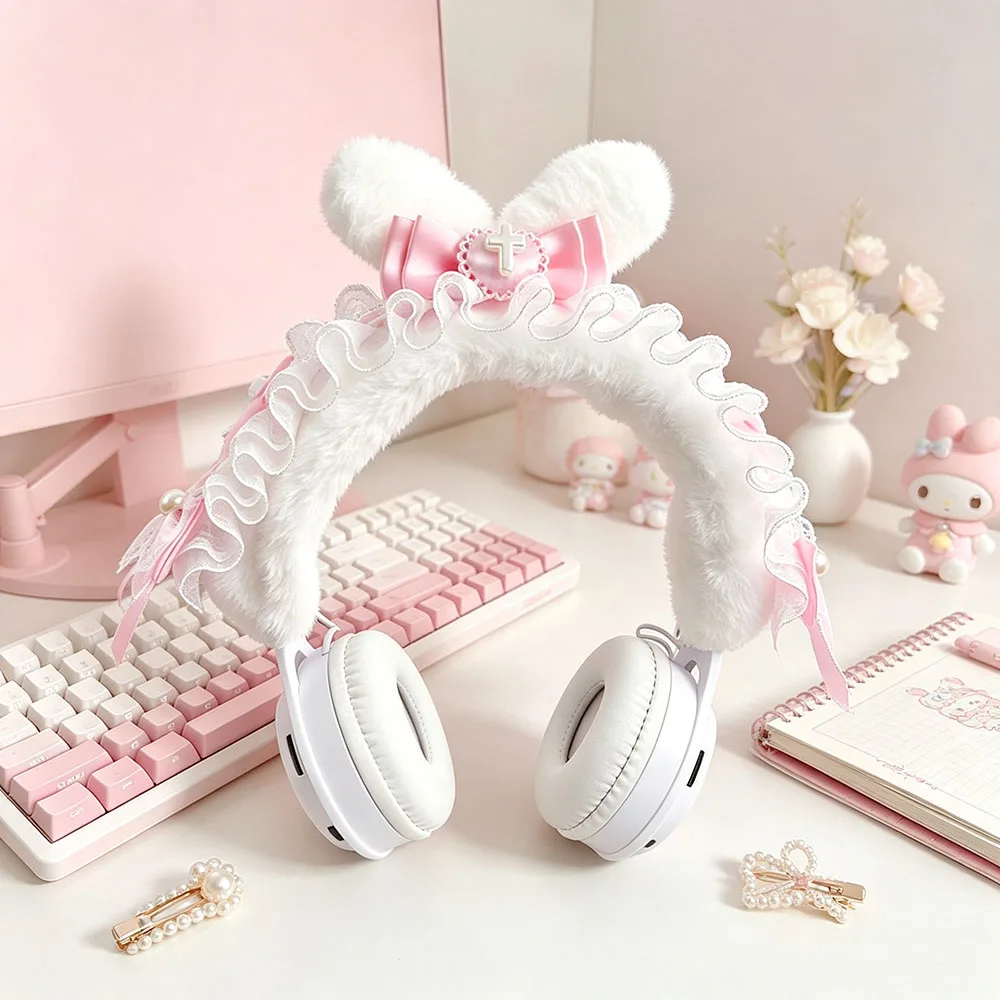 Detachable Plush Lace Cat Ear Bunny Ear Wing Decor Wireless Headset Cute Cosplay Gaming Headphone Girls Party Gift