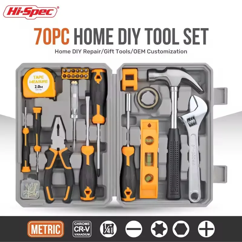 

Hi-Spec 70Pcs DIY Household Tools Kit with Plastic Toolbox Socket Wrench Auto Repair Tool Clamp Hammer Tape Measure Hand Tool