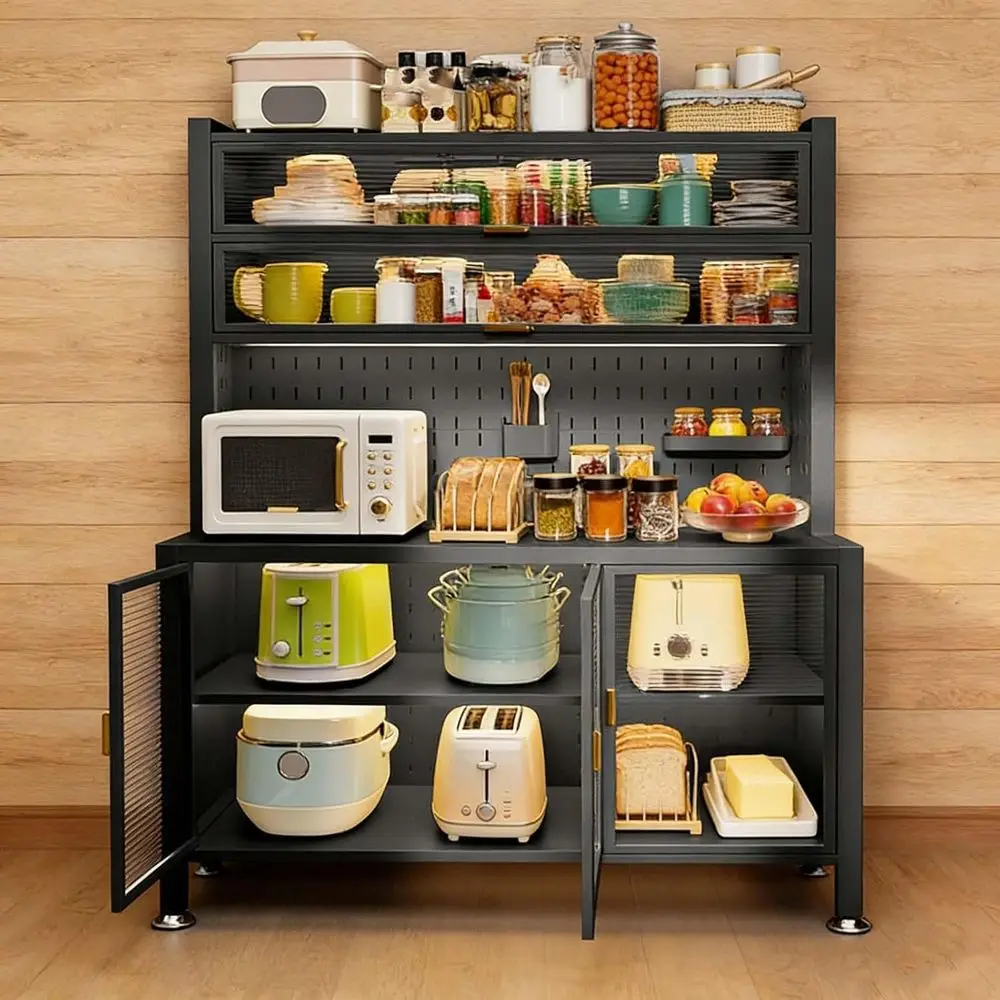 Gray Spacious Kitchen Storage Cabinet with Adjustable Shelves, Pantry Organizer, and Hook Racks