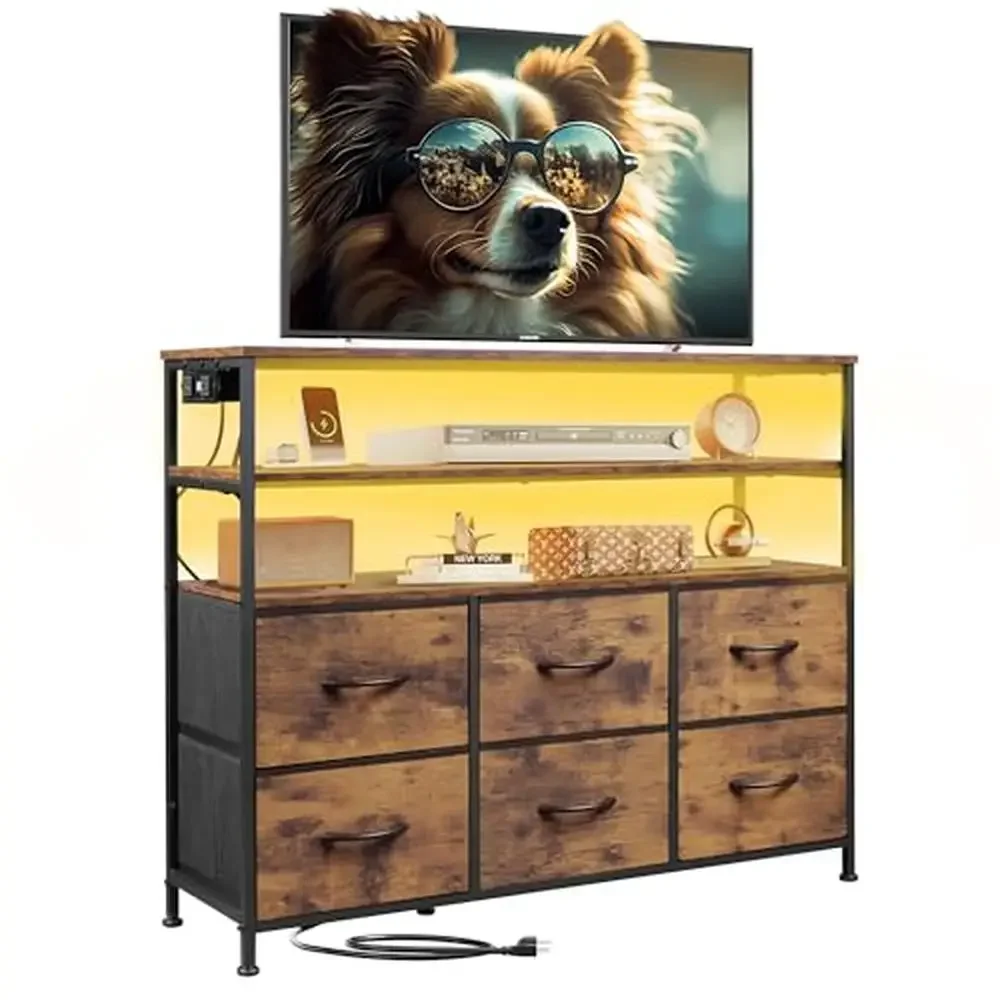 

LED Bedroom Dresser with Power Outlet TV Stand with Open Shelves & Night Light Rustic Brown Fabric Drawers 6 Drawers & USB Ports