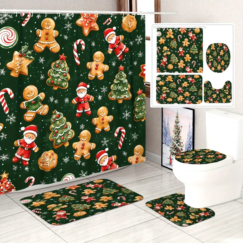 Christmas Shower Curtain Set with Santa & Gingerbread, Polyester Waterproof Bathroom Decor, Machine Washable, Includes Non-Slip