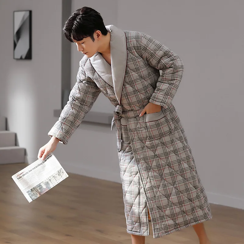 New Winter Thickened Warm Sleepwear Nightwear Cotton-Padded Robe Bathrobe Gown Loose Print Stripes Kimono Home Wear Loungewear