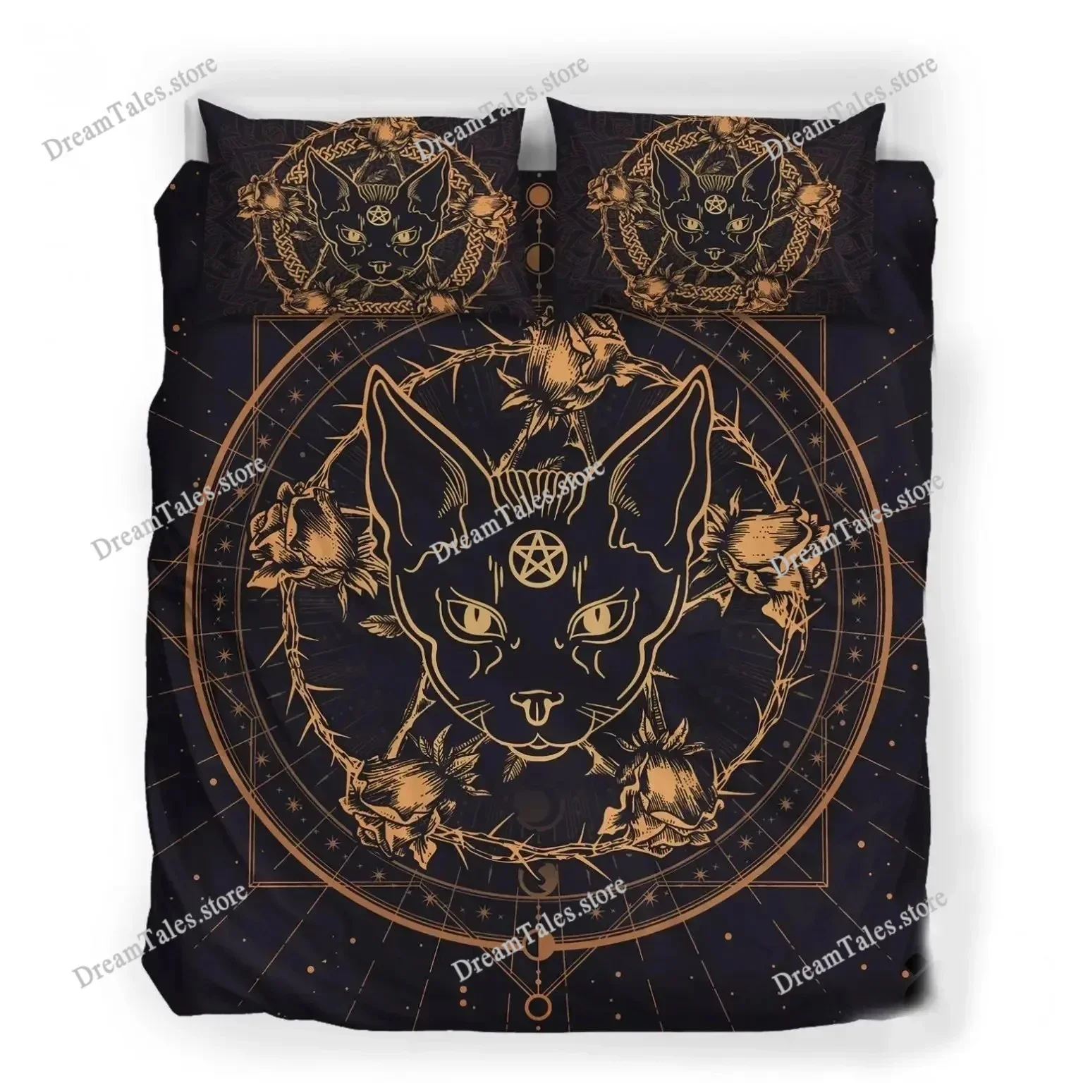 

Wiccan Occult Black Cat Duvet Cover Set,Gothic Black Cat Bedding Sets Mysterious Sun and Moon Comforter Cover Queen Size