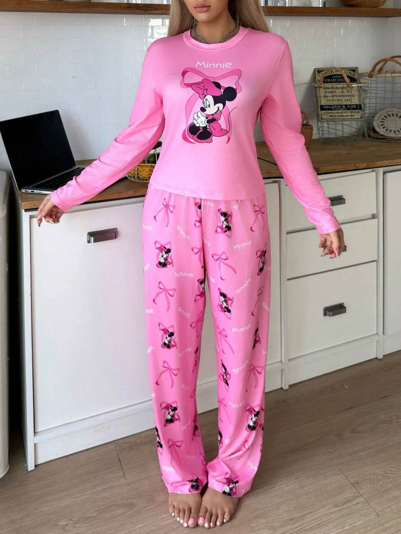 طقم صالة نسائي بمقاسات متعددة طباعة ثنائية الأبعاد رومانسية لطيفة من البوليستر لربيع وخريف وشتاء ملابس منزلية مريحة هدية