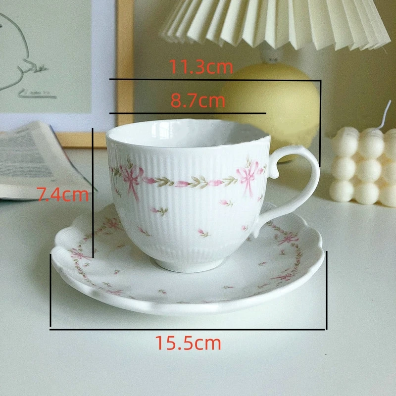 Vintage Flower Ceramic Mugs Relief Rose bow Tea Cup Coffee Cup and Saucer Hand Pinched Retro Relax Time Milk Tea Cups Breakfast