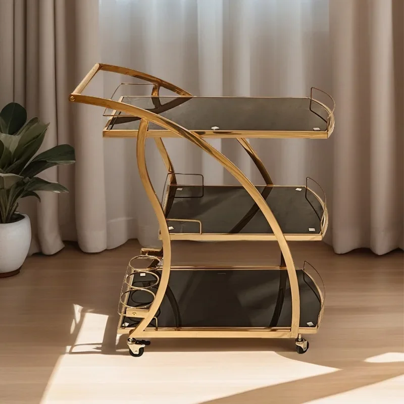 Light luxury high-end dining car Stainless steel three-layer storage rack Movable trolley Hotel restaurant Wine cart