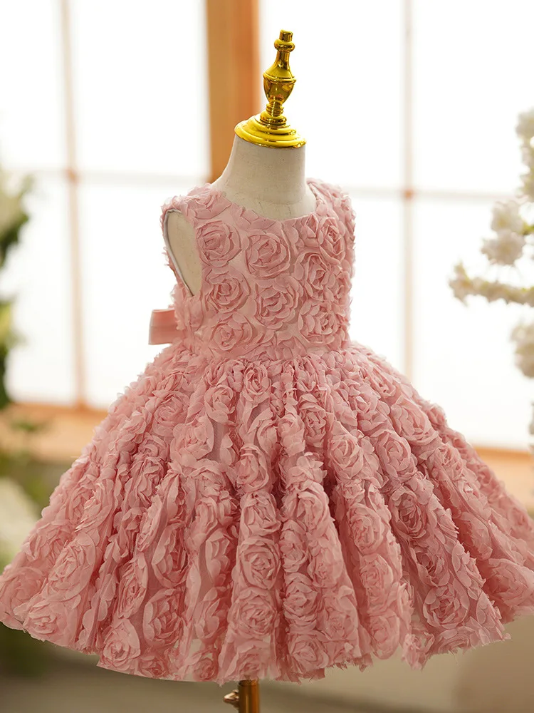 Vestido de princesa sem mangas para bebês, doces vestidos encantadores, flor rosa, vestido formal para aniversário, 1 a 6 anos de idade