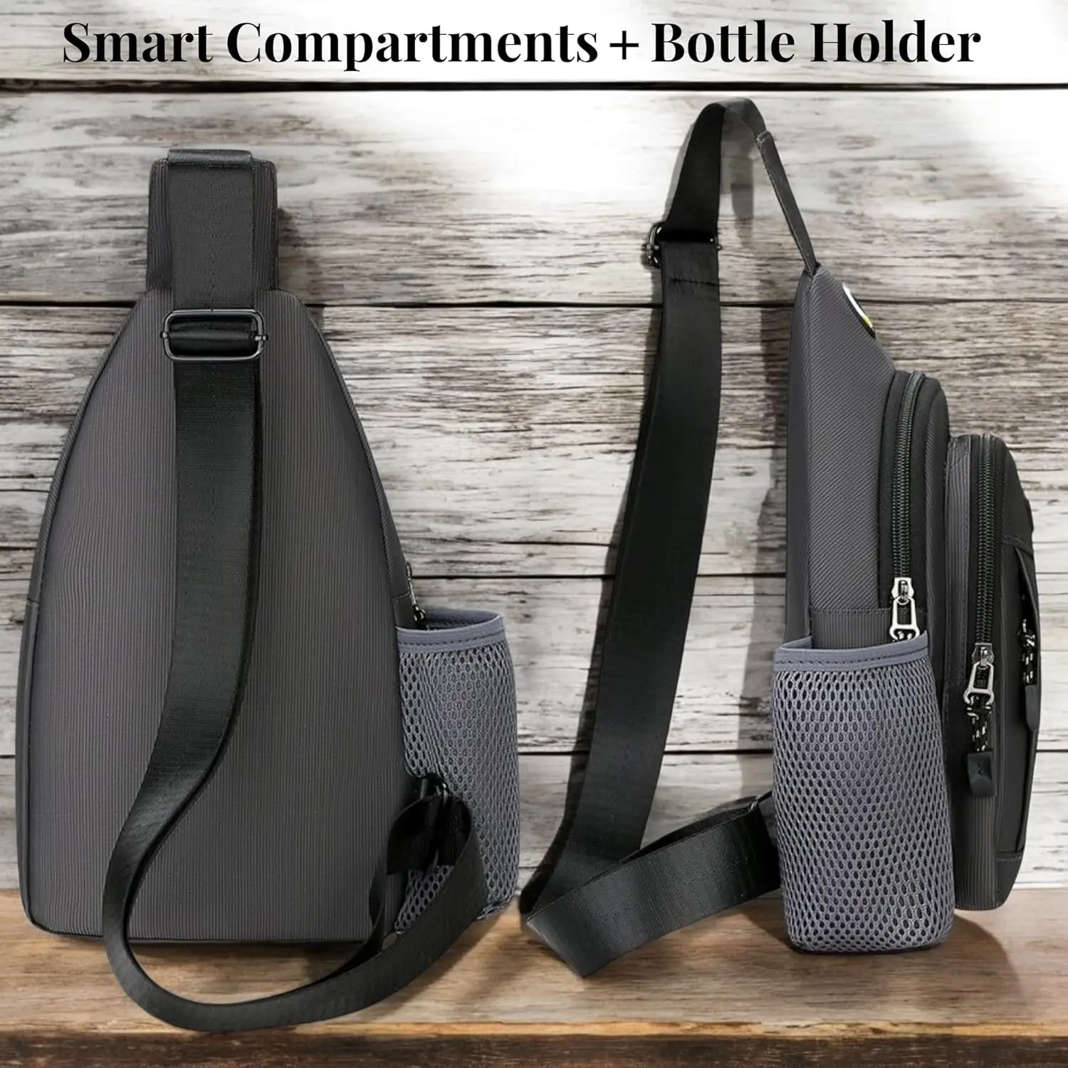 Man Nylon Sling Chest Bag with Bottle Holder Lightweight Waterproof Headphone Cable Hole Cycling Hiking Travel Crossbody Bag