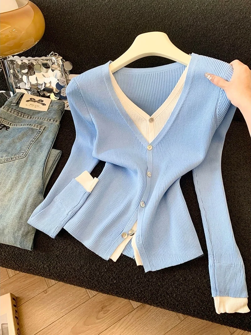 

Color Blo Loose Fit Knitted Cardigan Women's Faion Spring 2026 Slimming Versatile Sweater V-Ne Long Sve Silk Blend