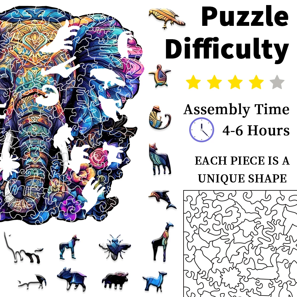 Mandala Elephant Drewniane puzzle w kształcie zwierzątka, magiczne puzzle o wysokim stopniu trudności, drewniane puzzle w kształcie nieregularnego zwierzęcia