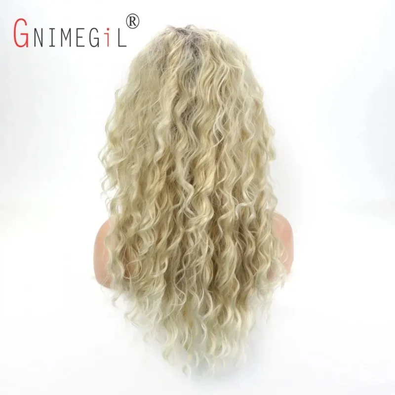 Gnimegil cabelo sintético longo encaracolado perucas para mulheres ombre loira raízes escuras peruca parte livre peruca ondulada para menina sexy peruca uy38