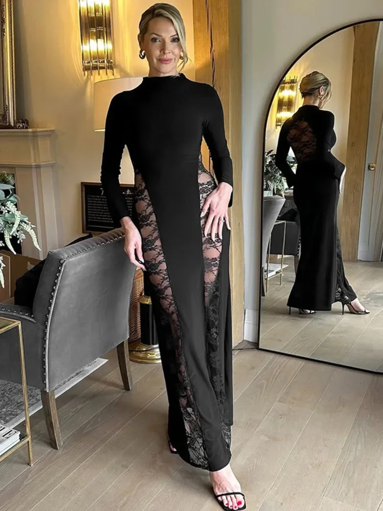 

Lace See Through Long Sleeve Sexy Maxi Dress Women Black Patchwork Hollow Out High Waist Bodycon Club Party Long Dress