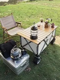 Folding Picnic Camping Wagon Attached table Camping Cart Trail Folding Beach Trolley Wagon Camp Cart