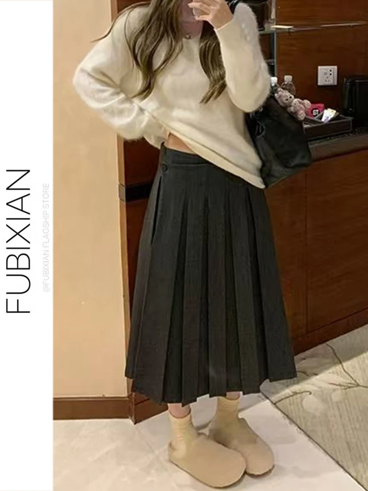 

Элегантная плиссированная юбка с высокой талией, А-силуэт, осенне-зимняя новинка, женская модная юбка средней длины