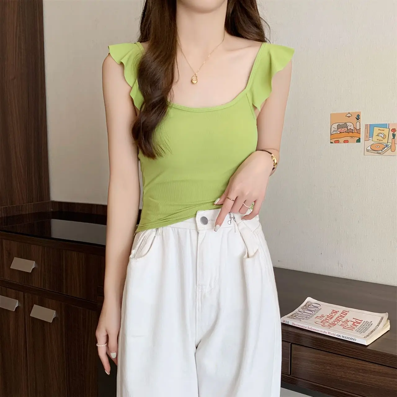 Fly Sleeve Halftop Vest Women's Inner Match Beautiful Back Bra Integrated Base with Chest Pad Sleeveless Top Strap Vest