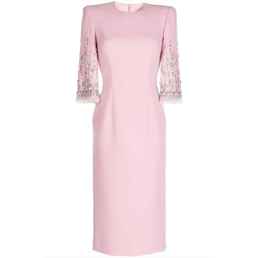 YUMDAI Luxury Middle Eastern Pink Rhinestone Beaded Long Sleeve Evening Gown 2024 Elegant Ladies Special Occasion Wedding Guest