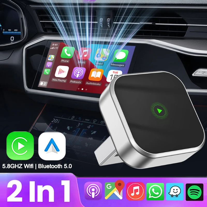 

2 в 1, проводной к беспроводному адаптеру CarPlay и Android Auto, 5,8 ГГц, WIfi и Bluetooth 5,0, Plug & Play для автомобильной навигационной системы OEM