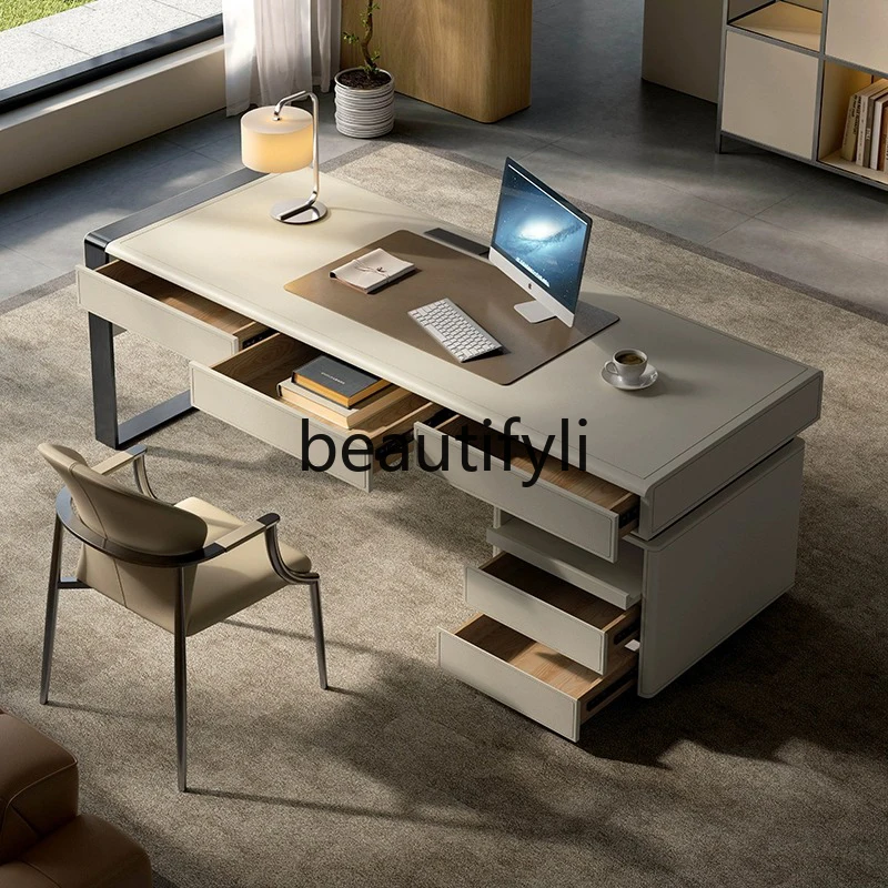 F45 Minimalist Saddle Leather Desk for Home Study Modern Simple Office Computer Desk