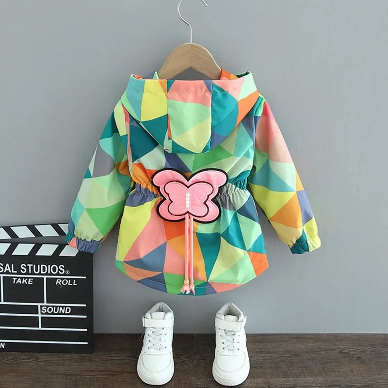 Girls Windbreaker Cute Nail Bead Bow Hooded Jackets Kids Geometric Pattern Zipper Coat Spring Baby Clothes Girl Birthday Gift