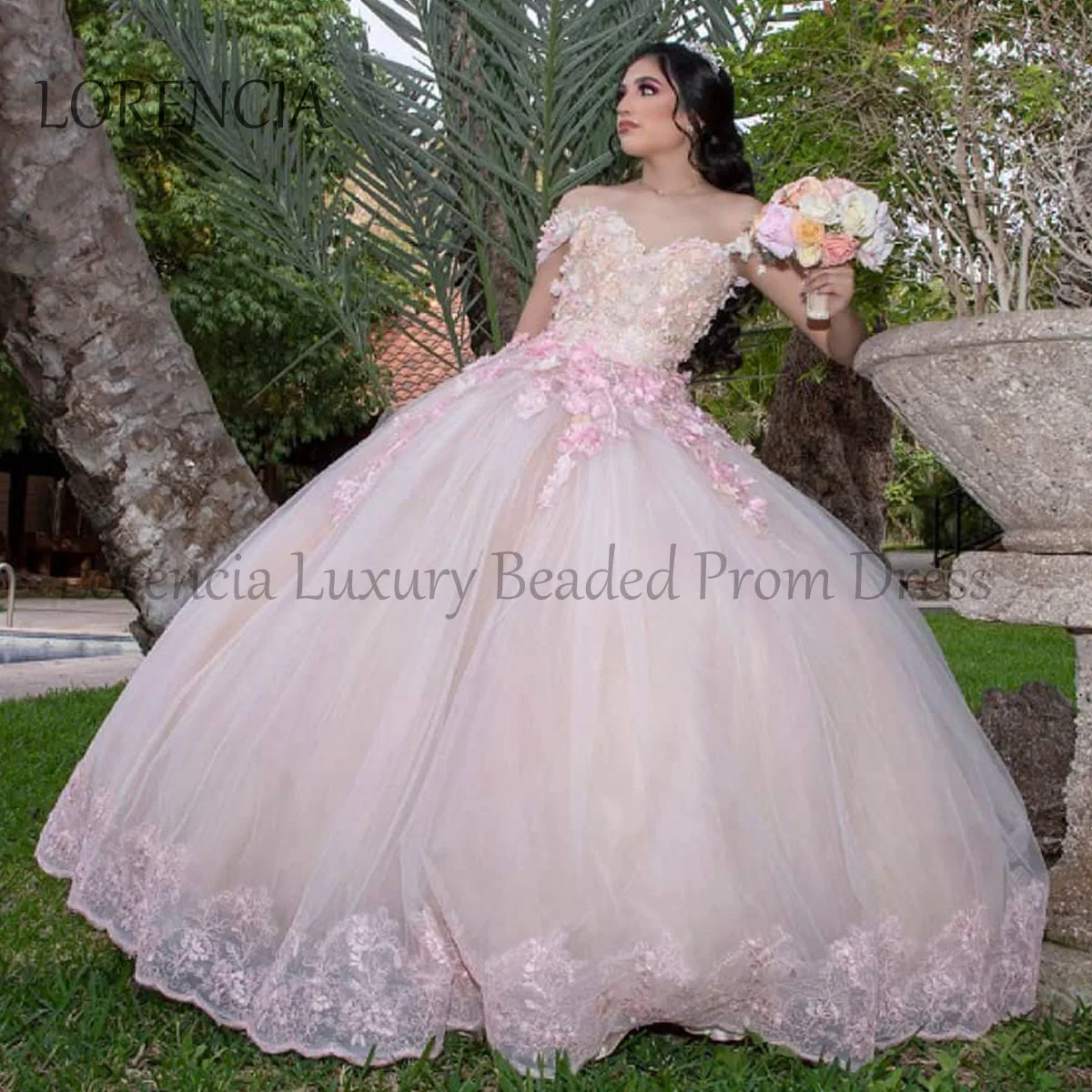 

Mexican Pink Ball Gown Quinceanera Dresses Sweet 15 16 Off Shoulder Appliques 3D Flower 15 Years Gowns Vestidos De 15 Anos