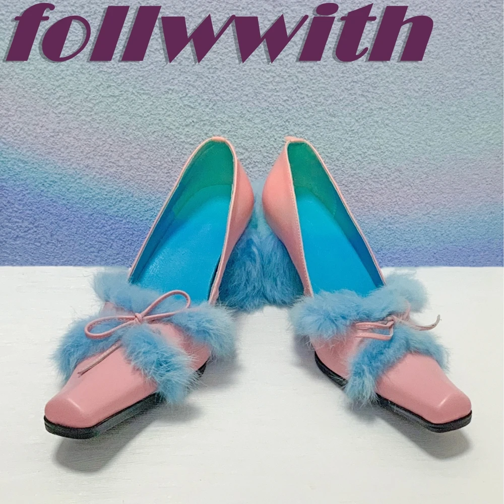 Contrasting Colors Plush Butterfly Knot Pumps Slip On Gradient Insole Designer Unique 2024 Woman New Catwalk Ladies Shoes