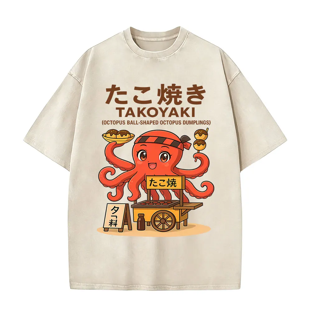 

Washed Vintage Japanese Takoyaki Funny Octopus Chef Meme T-shirt Men Women Fashion Humor T-shirts Male Casual Oversized T Shirts