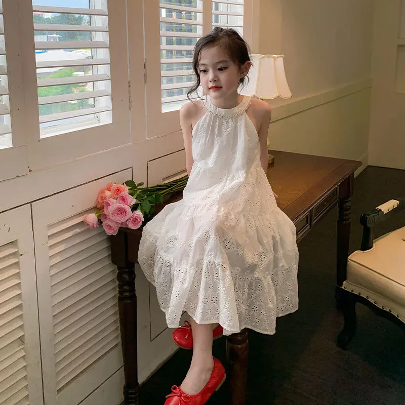 Summer New Little Girls Hanging Neck Dress Solid Color Sleeveless White Jacquard Weave Muslin Girls Dress Toddler Seabeach Dress