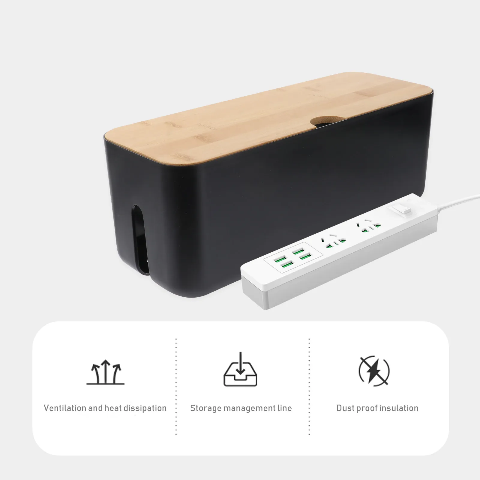 Black Cable Management Box with Wooden Cover Plastic Cord Hider Storage Container for Power Strips Adapters Splitters Cables view 2