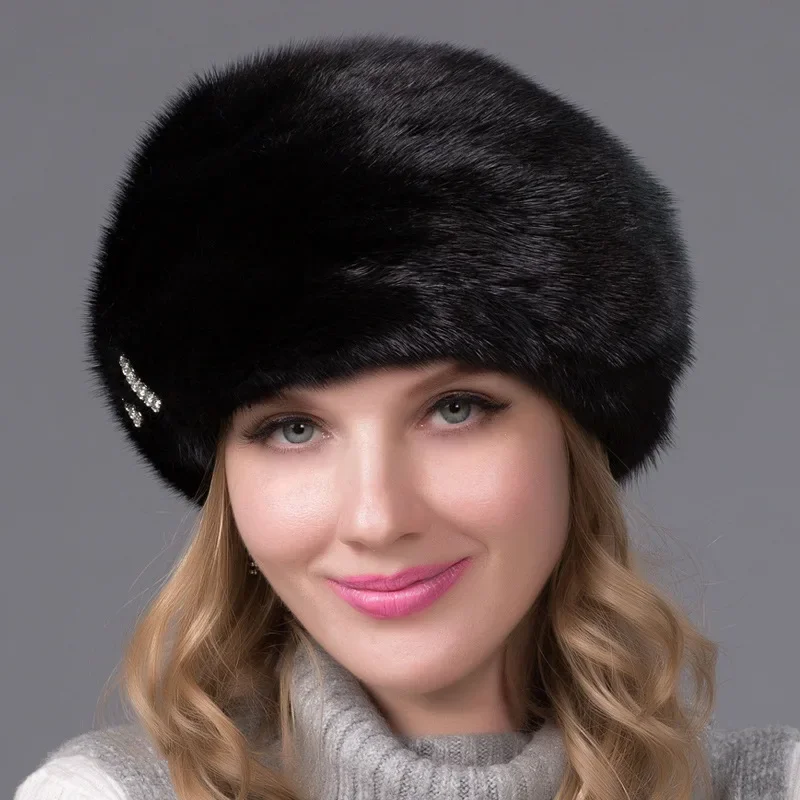 Mink Fur Beret Whole Skin Mink Fur Grass Hat Fashionable Whole Mink Ear Protection Hat