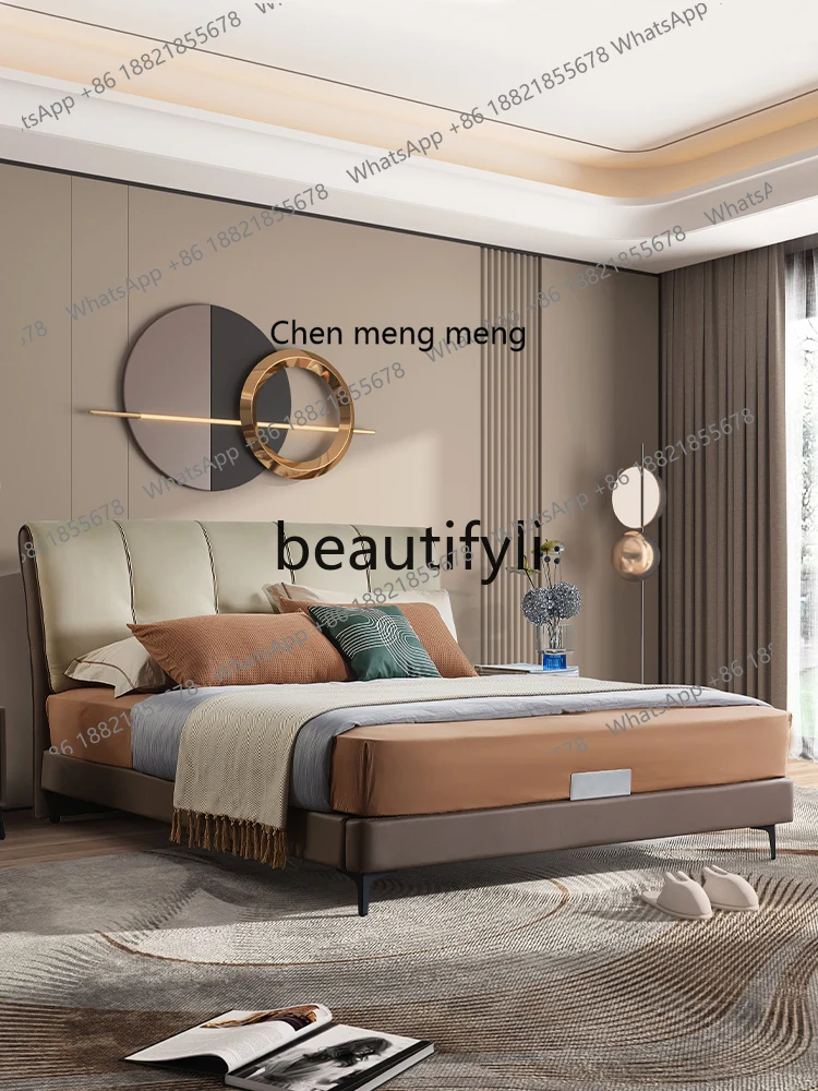 Leather bed Modern simple wedding  Double  First layer cowhide master bedroom bed Minimalist leather bed  R