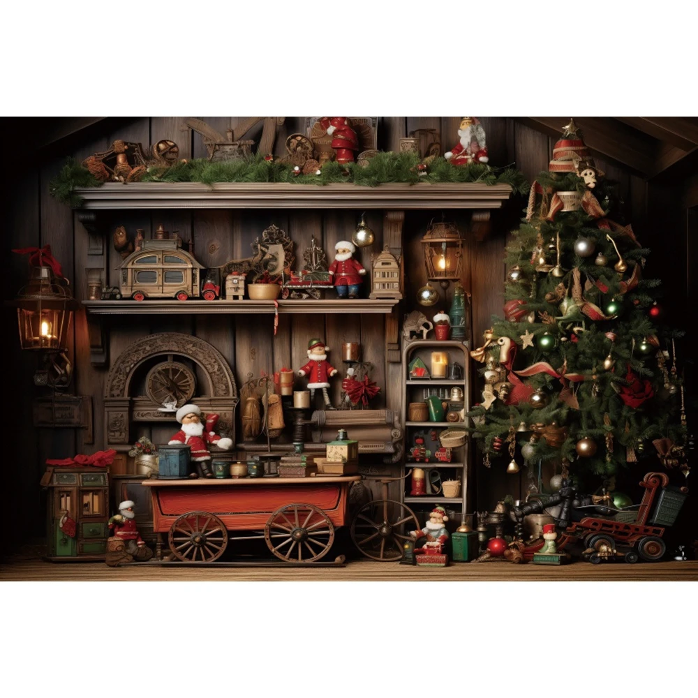 Christmas Vintage Warehouse Backdrop Xmas Tree Winter Wooden House Plank Shelf Toy Gift Family Party Photography Background Deco