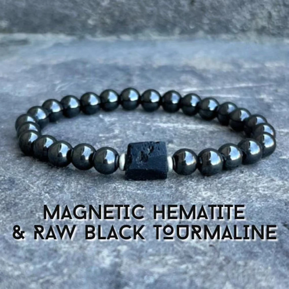 Ruberthen 6 MM Magnetic Hematite Raw Black Tourmaline Wrist Mala Natural Gemstone Energy Bracelet