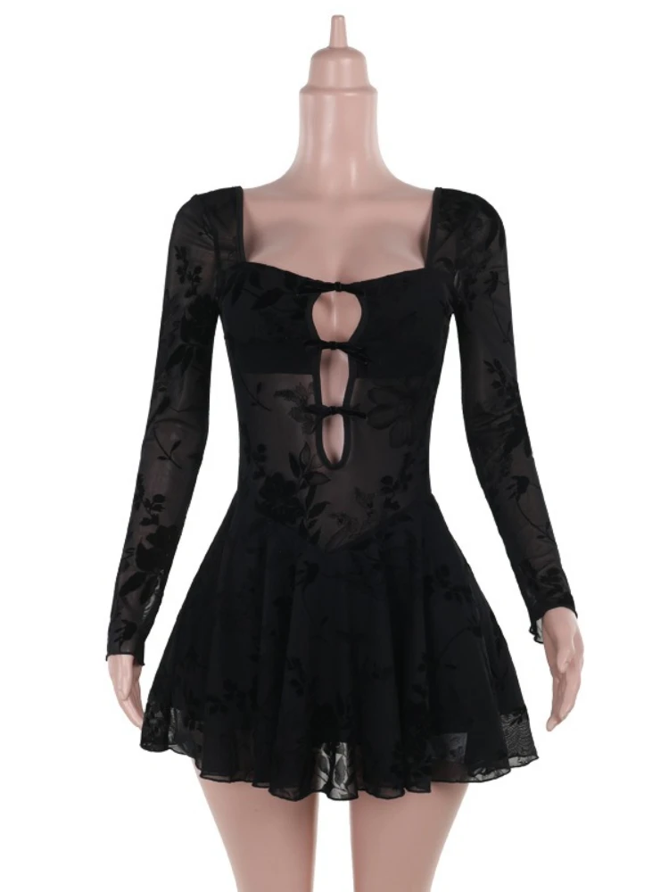 SsTss Mini abito sexy in rete trasparente Moda donna Collo quadrato Manica lunga Cut-out Stampa floreale A Line Abito da festa di mezzanotte