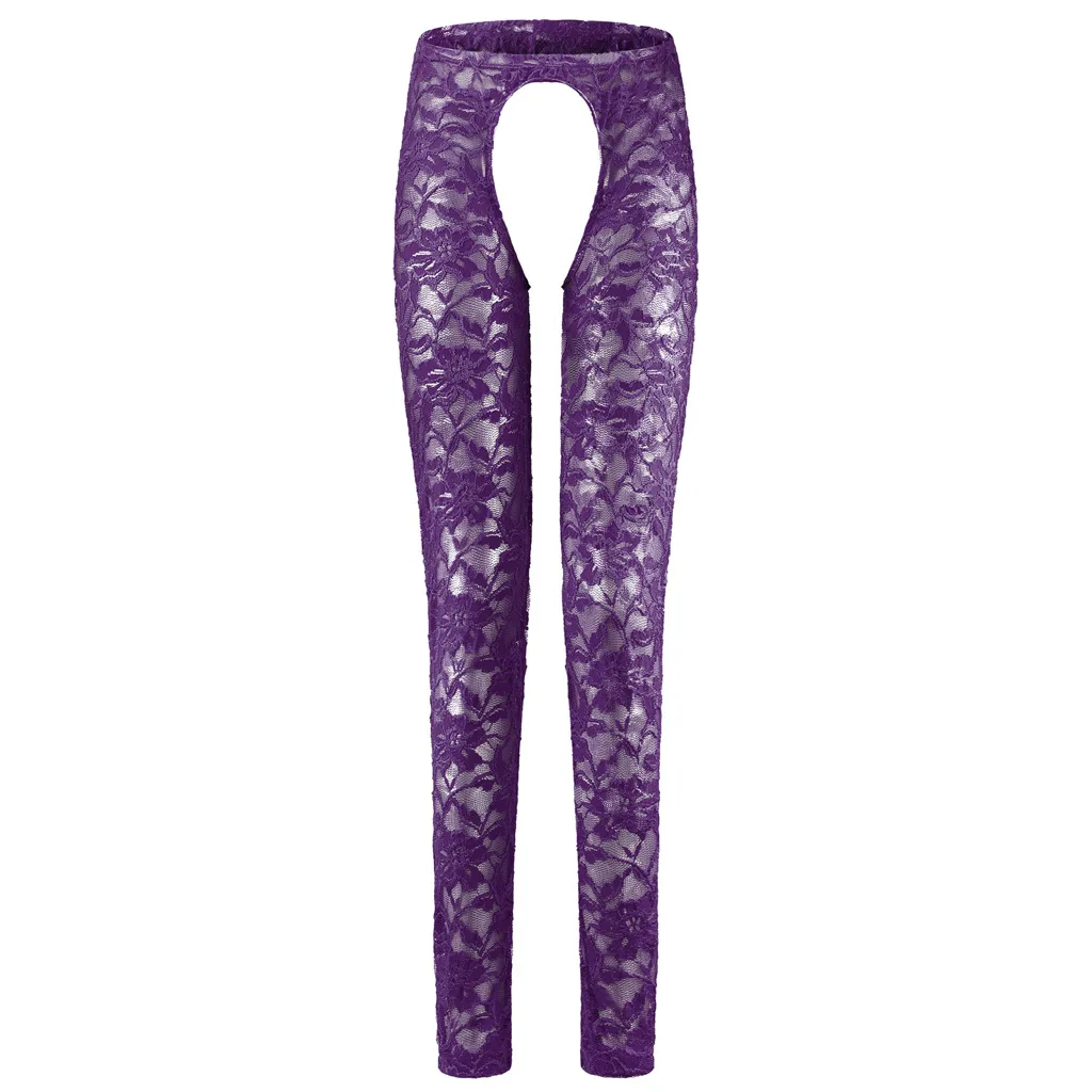 Men's Floral Lace Crotchless Sheer Pants, Open Crotch Transparent Lingerie Leggings - view 4