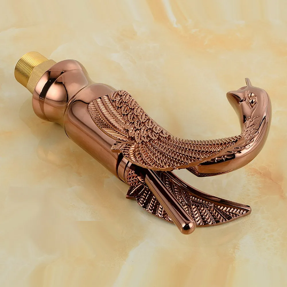 Luxury Rose Gold Copper Brass Carved Animal Swan Style Bathroom Sink Basin Mixer Tap Faucet One Hole Single Handle mnf180