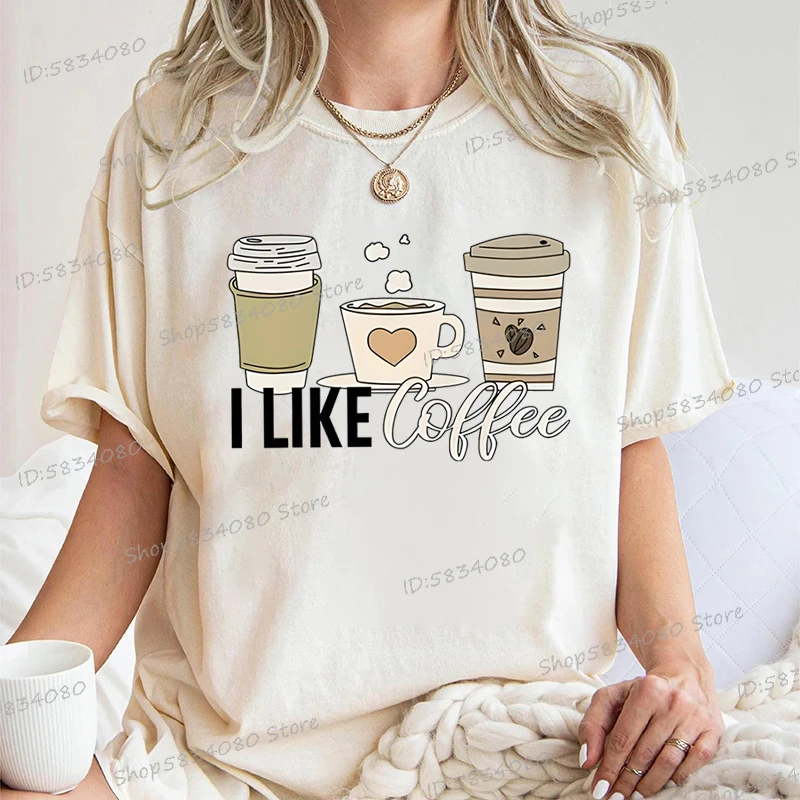 

Футболка с коротким рукавом для любителя кофе, женская модная летняя одежда с круглым вырезом, футболка с рисунком I Love Coffee, футболка для девочек, футболка для кофейной вечеринки