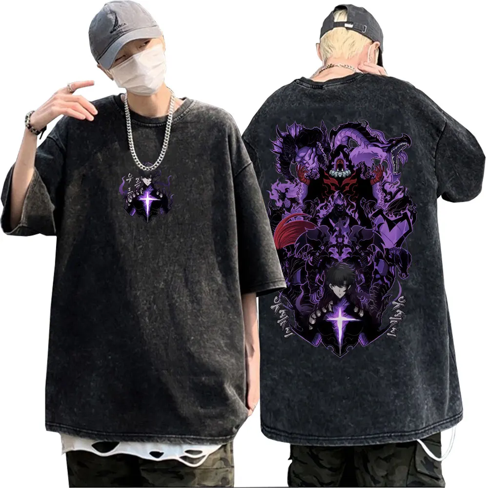 

Washed Vintage Anime Solo Leveling Sung Jin Woo & Shadow Monarch Graphic T Shirt Men Women Casual Cotton Retro Short Sleeve Tees