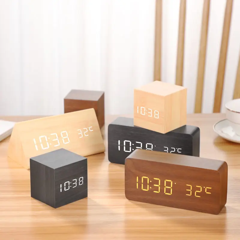 Multicolor Alarm Clock LED Wooden Watch Table Voice Control Digital Wood Despertador USB/AAA Powered Electronic Desktop Clocks