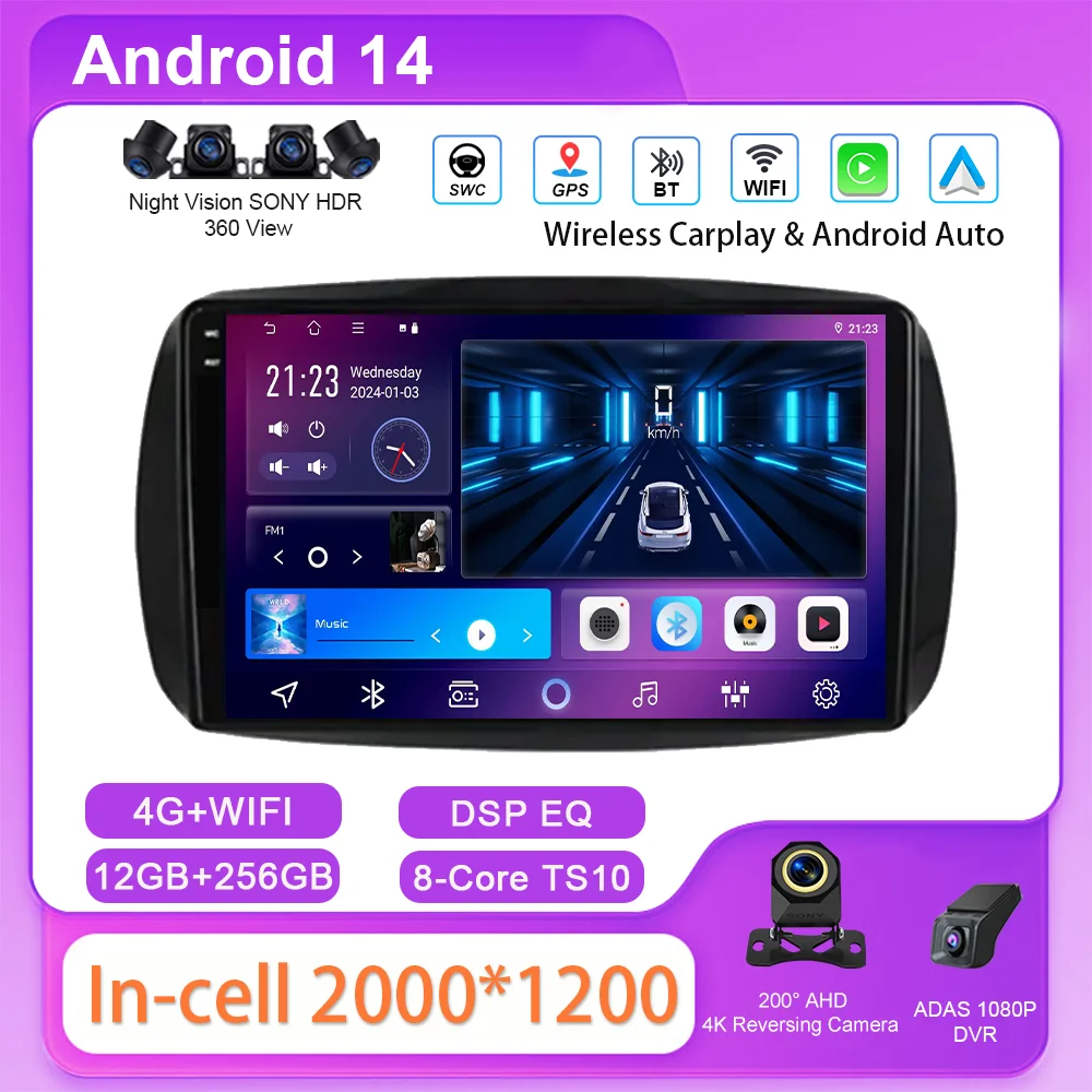 Android 14 Car Radio Stereo GPS Navigation For Mercedes Benz Smart 453 Fortwo 2014 -2020 Auto Multimedia Video Player Carplay 4G