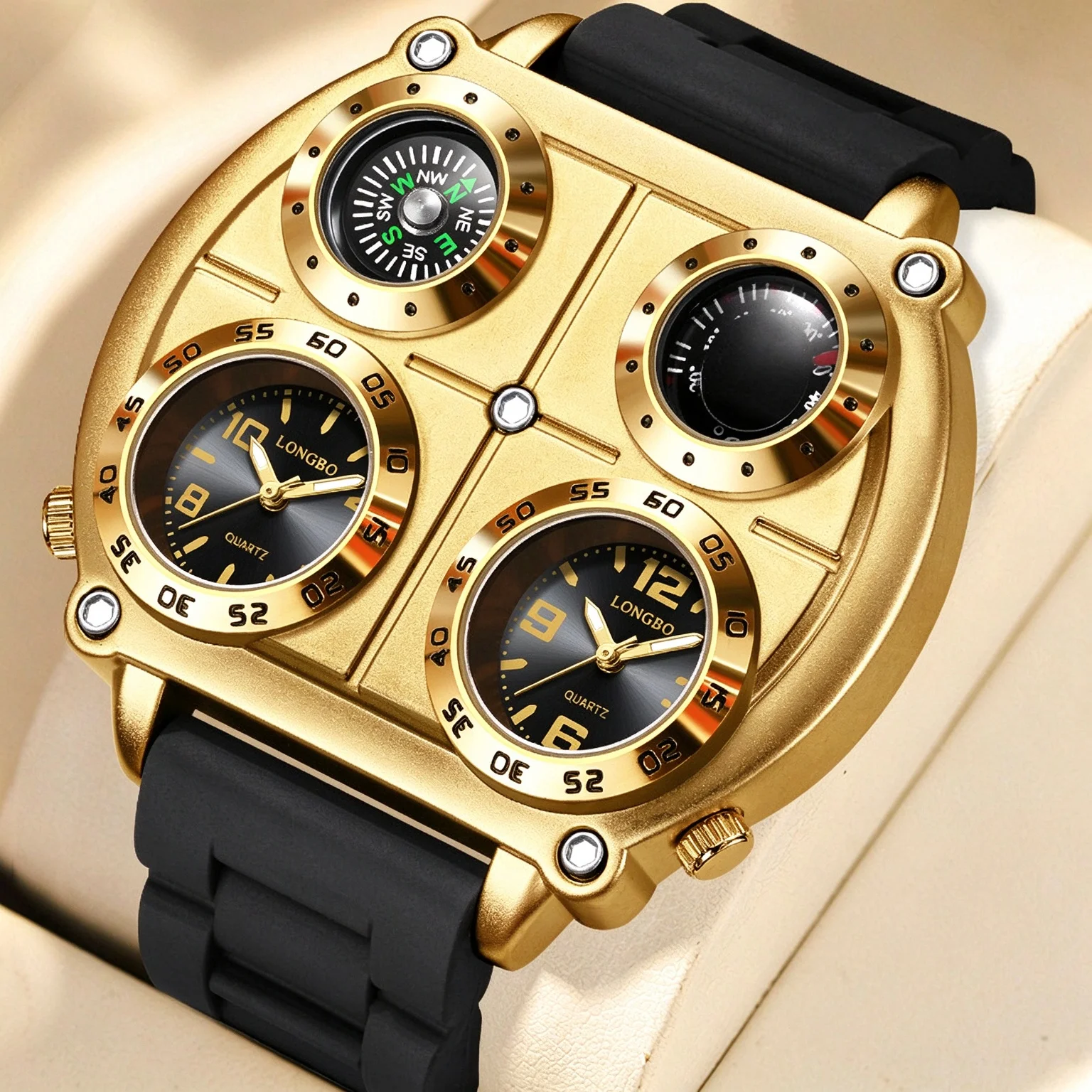 Unique Dual Dial Tactical Watch, Golden Large Quartz Wrist Watch with Compass & Thermometer, Rubber Strap Outdoor Sport Watch