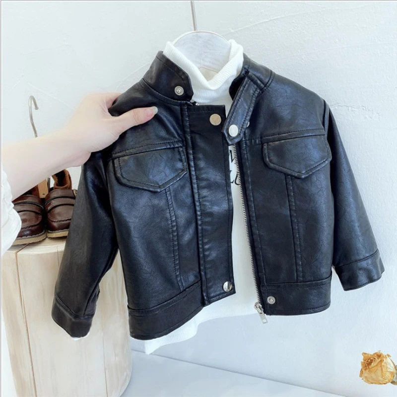 

2024 Spring Autumn Children Turtleneck Leather Coats Korean Version Baby Boys Girls Casual Motorcycle Leather Jacket Outwear